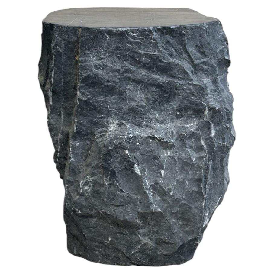 Natural Solid Marble Side Table Chiselled Finish, Smooth Top, Modern Organic