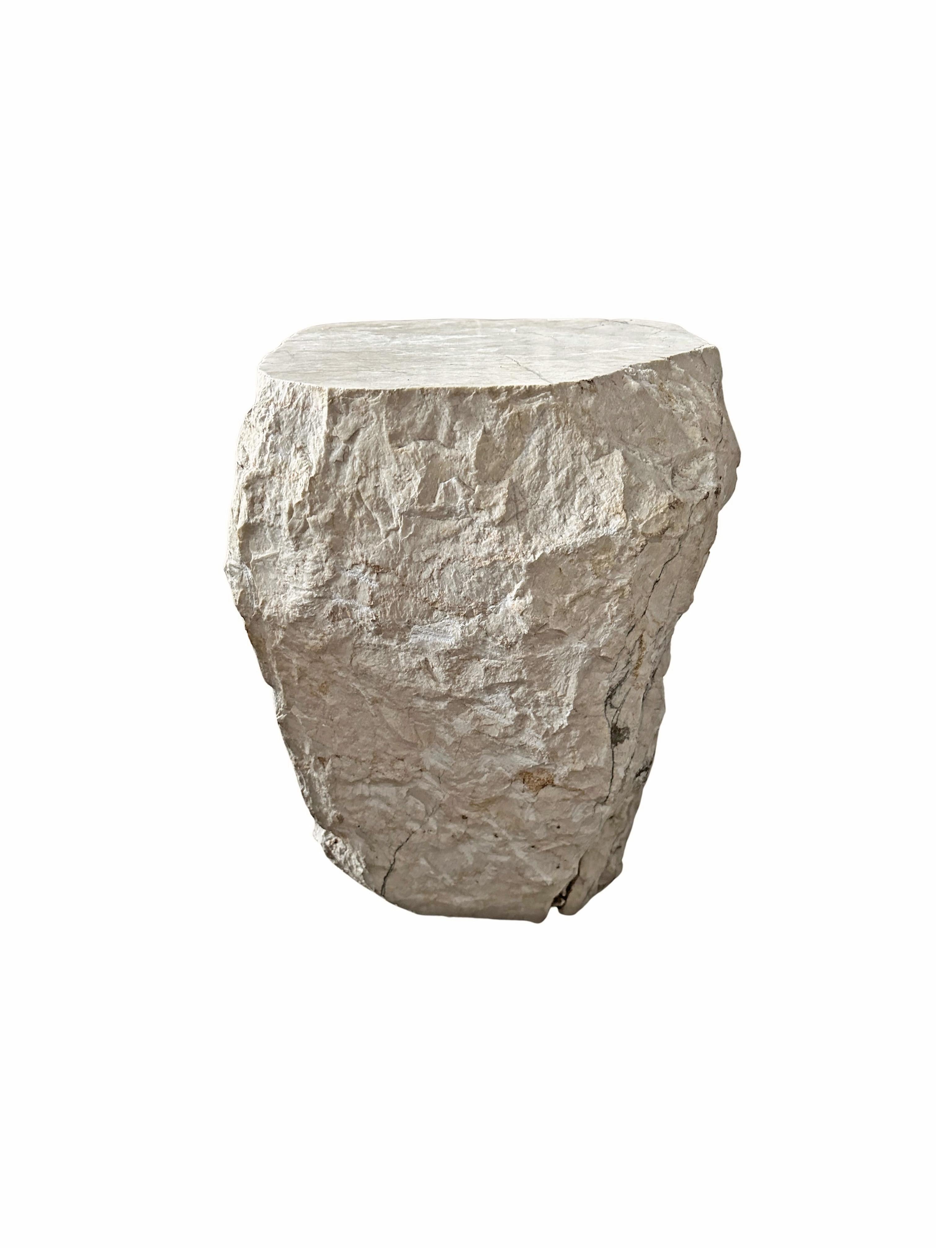 Modern Natural Solid Marble Side Table with Chiselled Finish and Smooth Top For Sale
