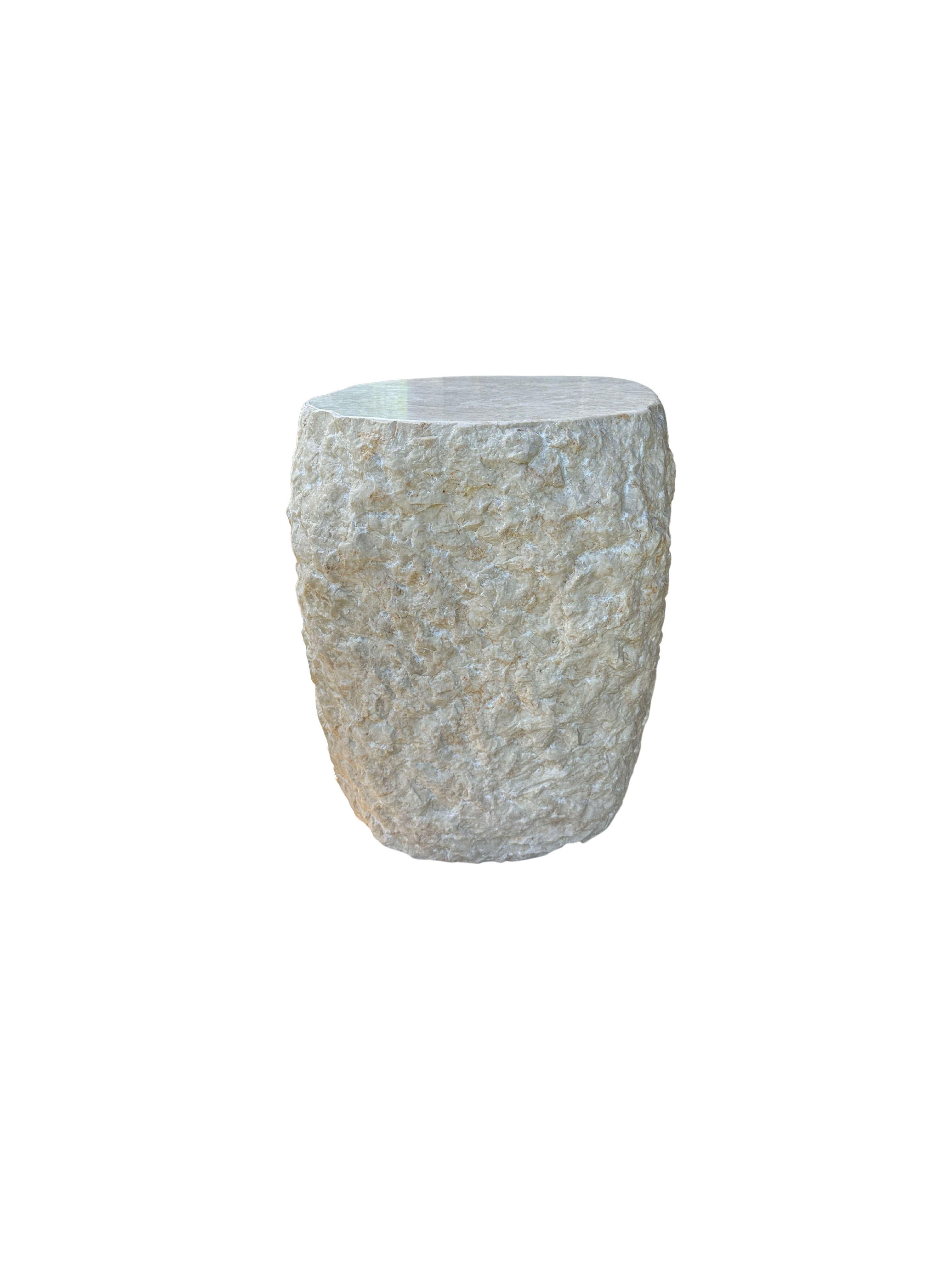 Modern Natural Solid Marble Side Table with Chiselled Finish and Smooth Top For Sale