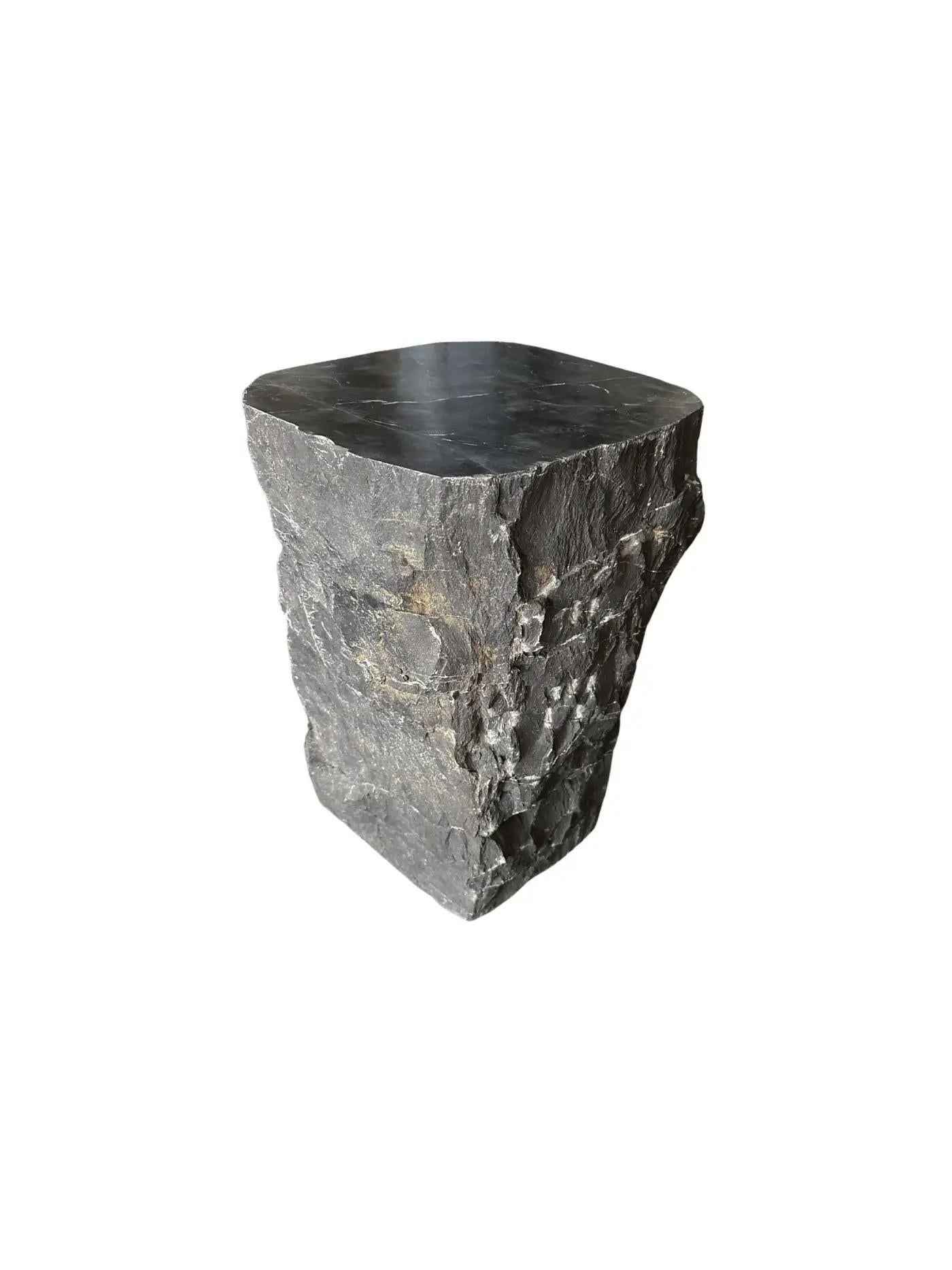 Modern Natural Solid Marble Side Table with Chiselled Finish and Smooth Top For Sale