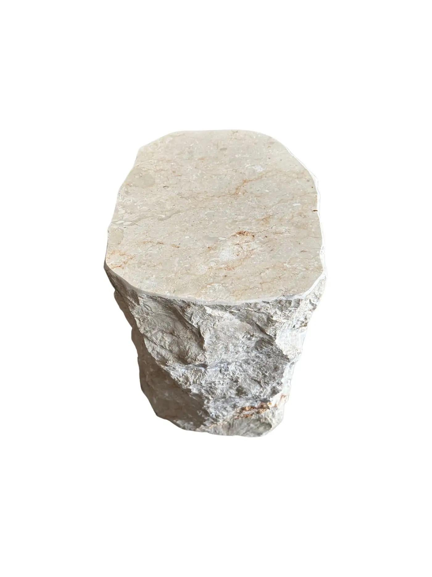 Modern Natural Solid Marble Side Table with Chiselled Finish and Smooth Top For Sale