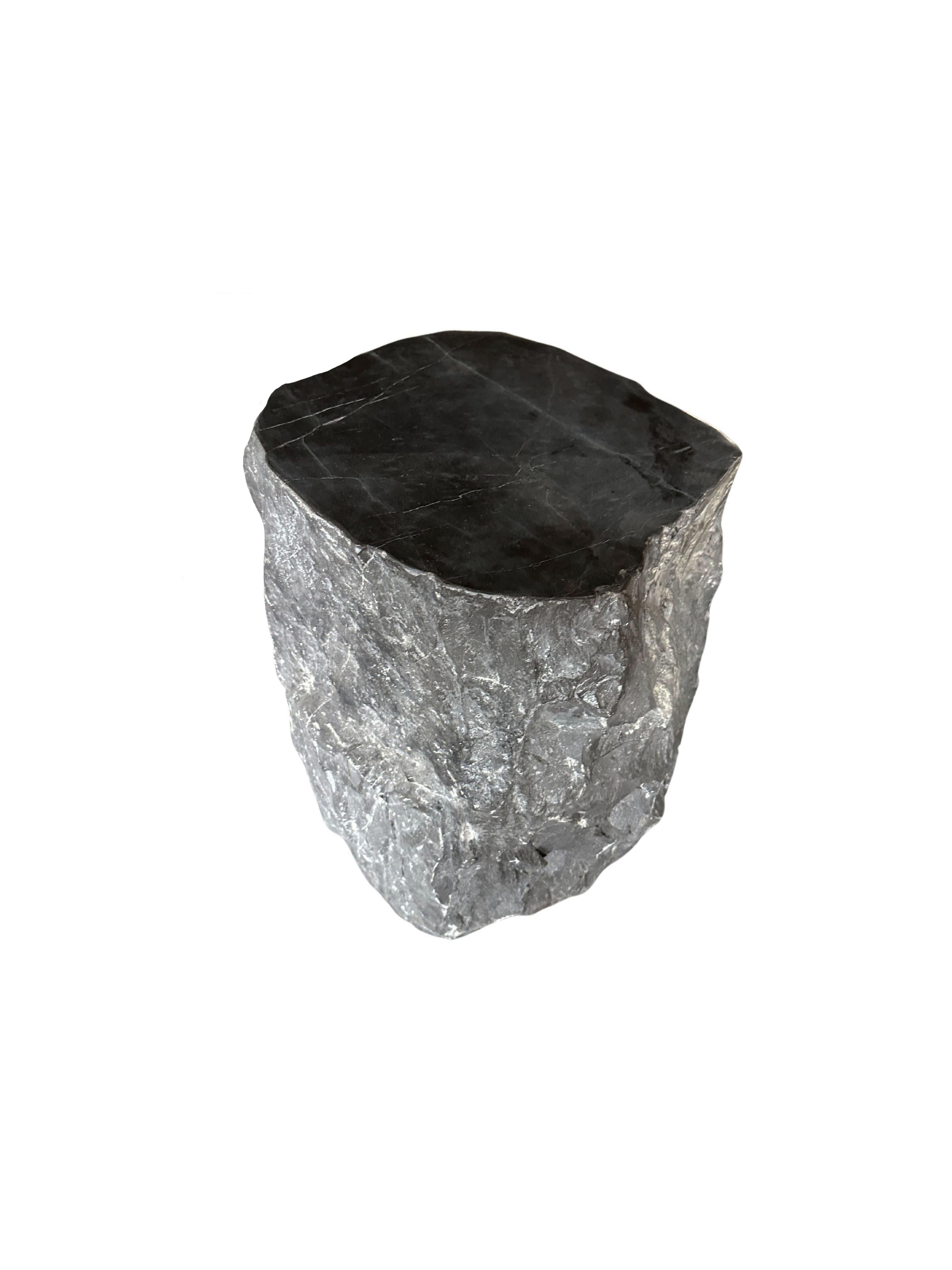 Indonesian Natural Solid Marble Side Table with Chiselled Finish and Smooth Top For Sale