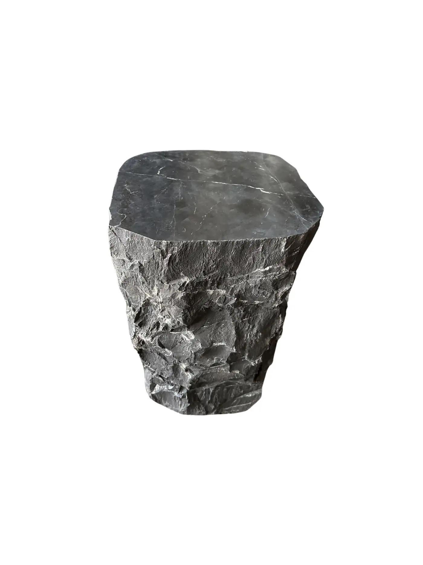 Indonesian Natural Solid Marble Side Table with Chiselled Finish and Smooth Top For Sale