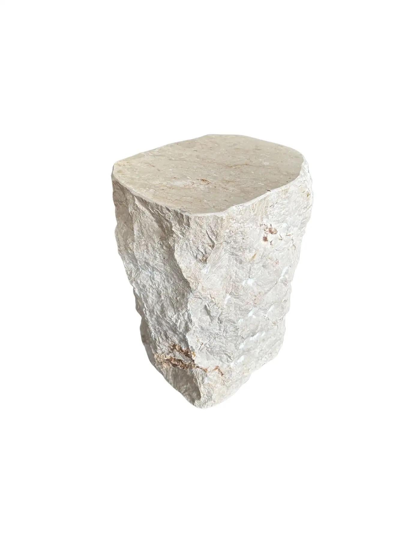 Indonesian Natural Solid Marble Side Table with Chiselled Finish and Smooth Top For Sale