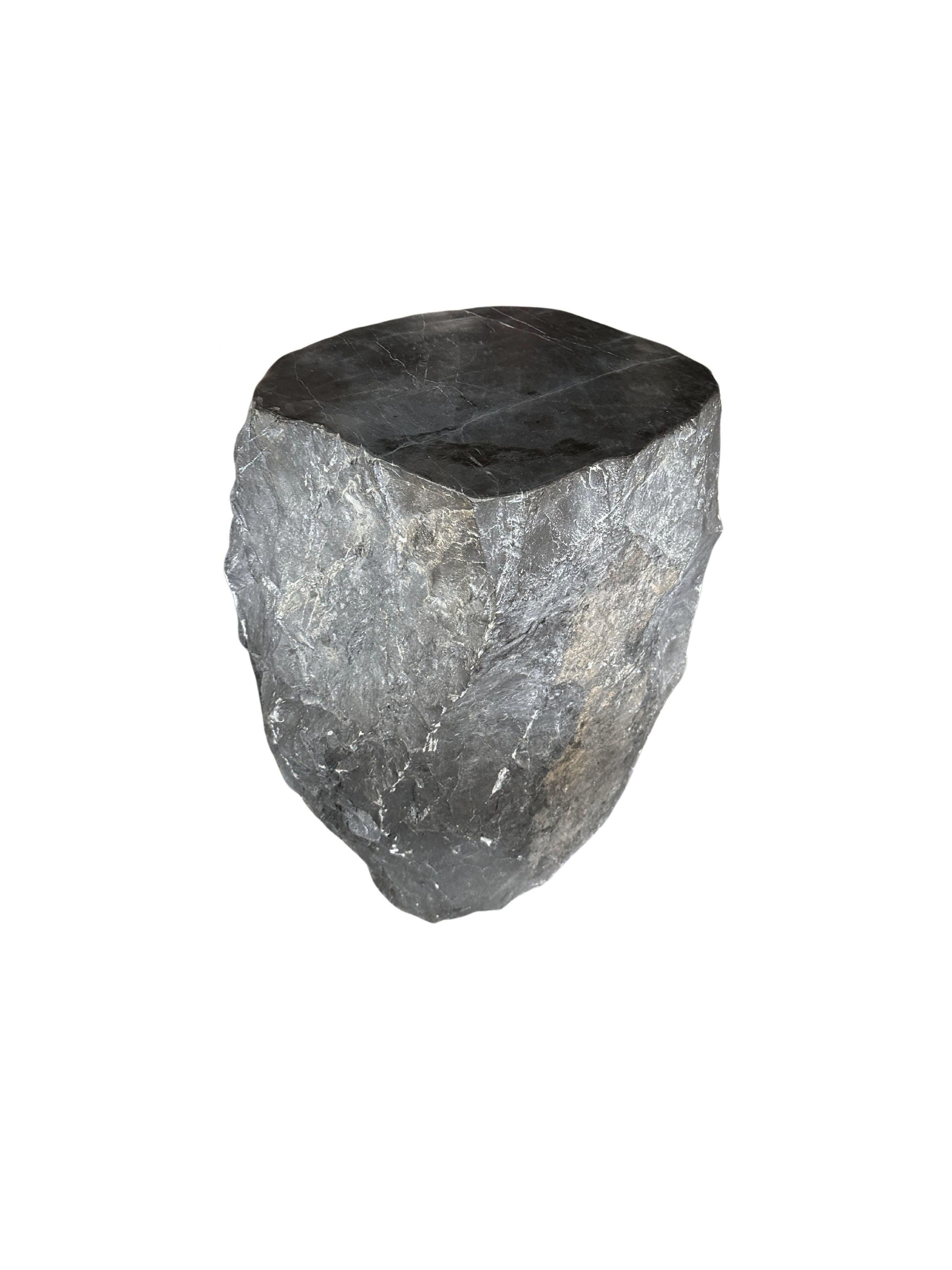 Natural Solid Marble Side Table with Chiselled Finish and Smooth Top In Good Condition For Sale In Jimbaran, Bali