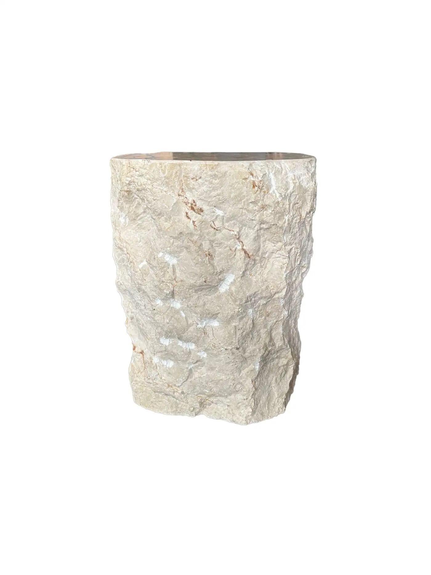 Natural Solid Marble Side Table with Chiselled Finish and Smooth Top In Good Condition For Sale In Jimbaran, Bali