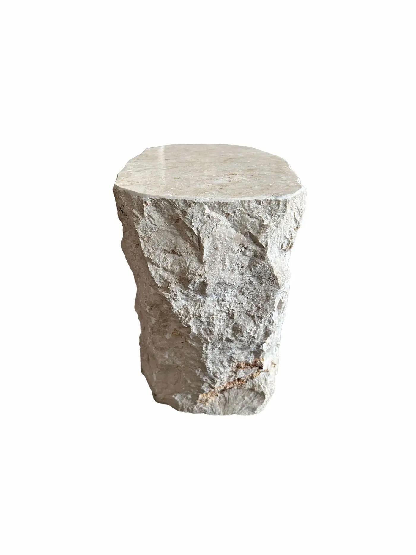 Natural Solid Marble Side Table with Chiselled Finish and Smooth Top For Sale 1
