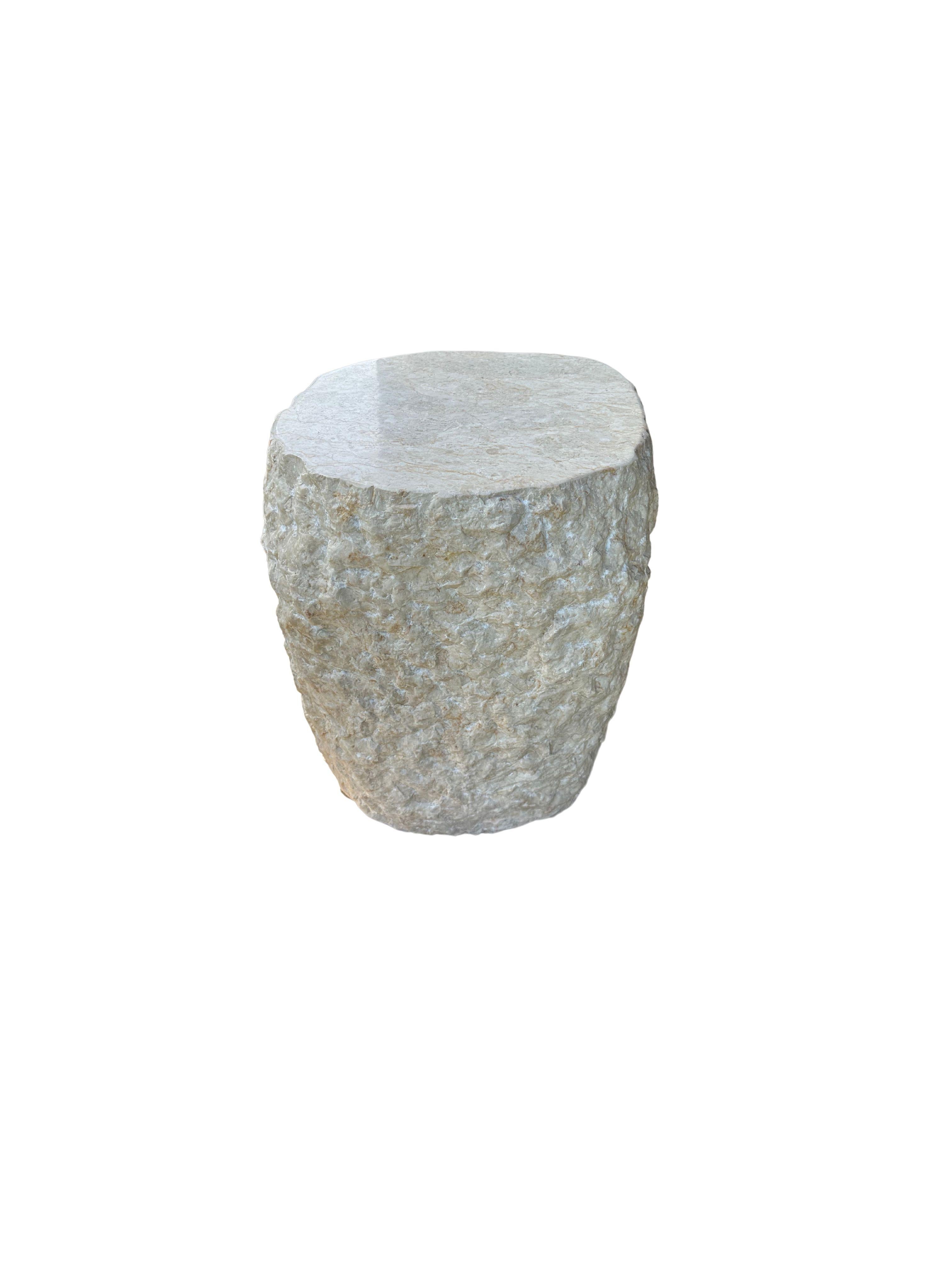 Natural Solid Marble Side Table with Chiselled Finish and Smooth Top For Sale 2