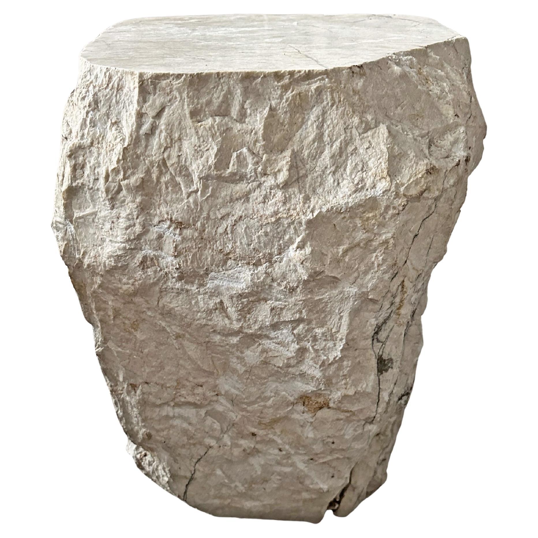 Natural Solid Marble Side Table with Chiselled Finish and Smooth Top For Sale