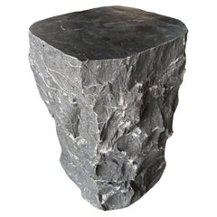 Natural Solid Marble Side Table with Chiselled Finish and Smooth Top