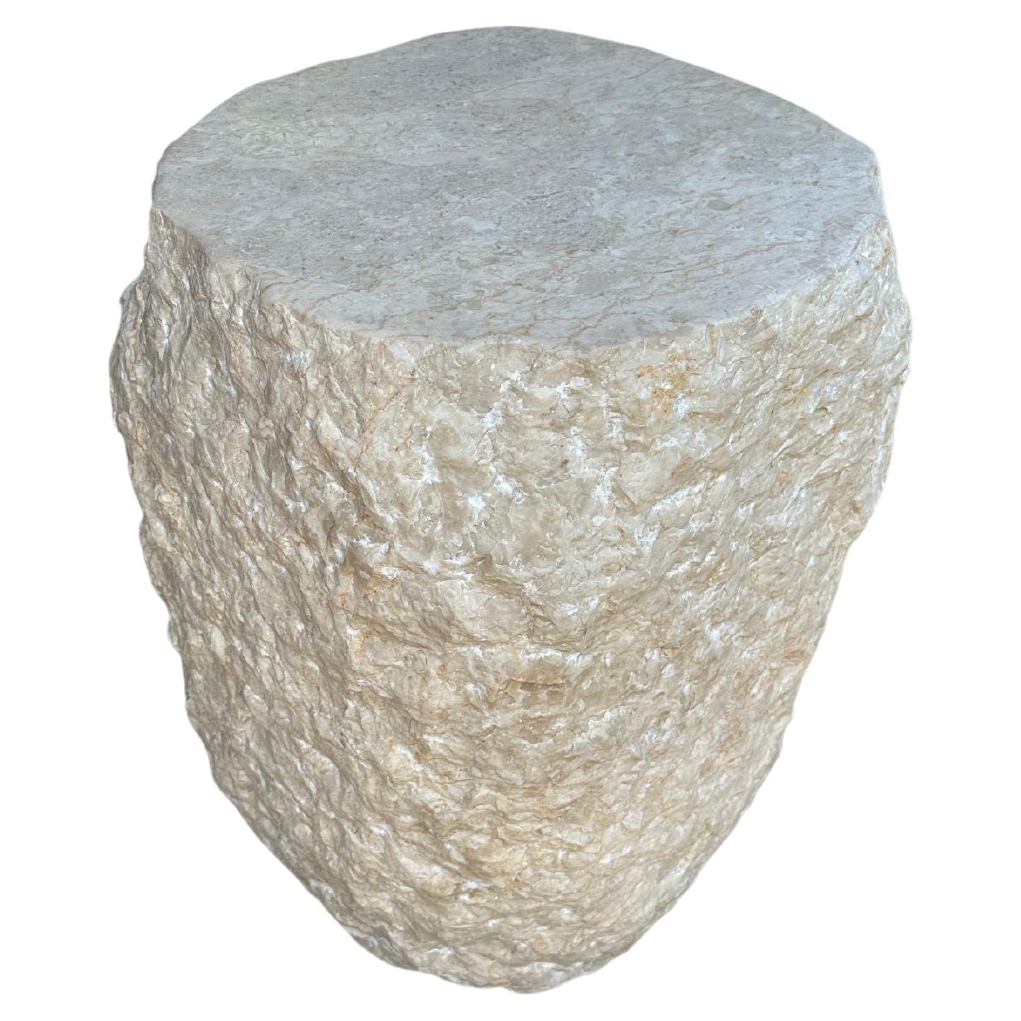 Natural Solid Marble Side Table with Chiselled Finish and Smooth Top For Sale