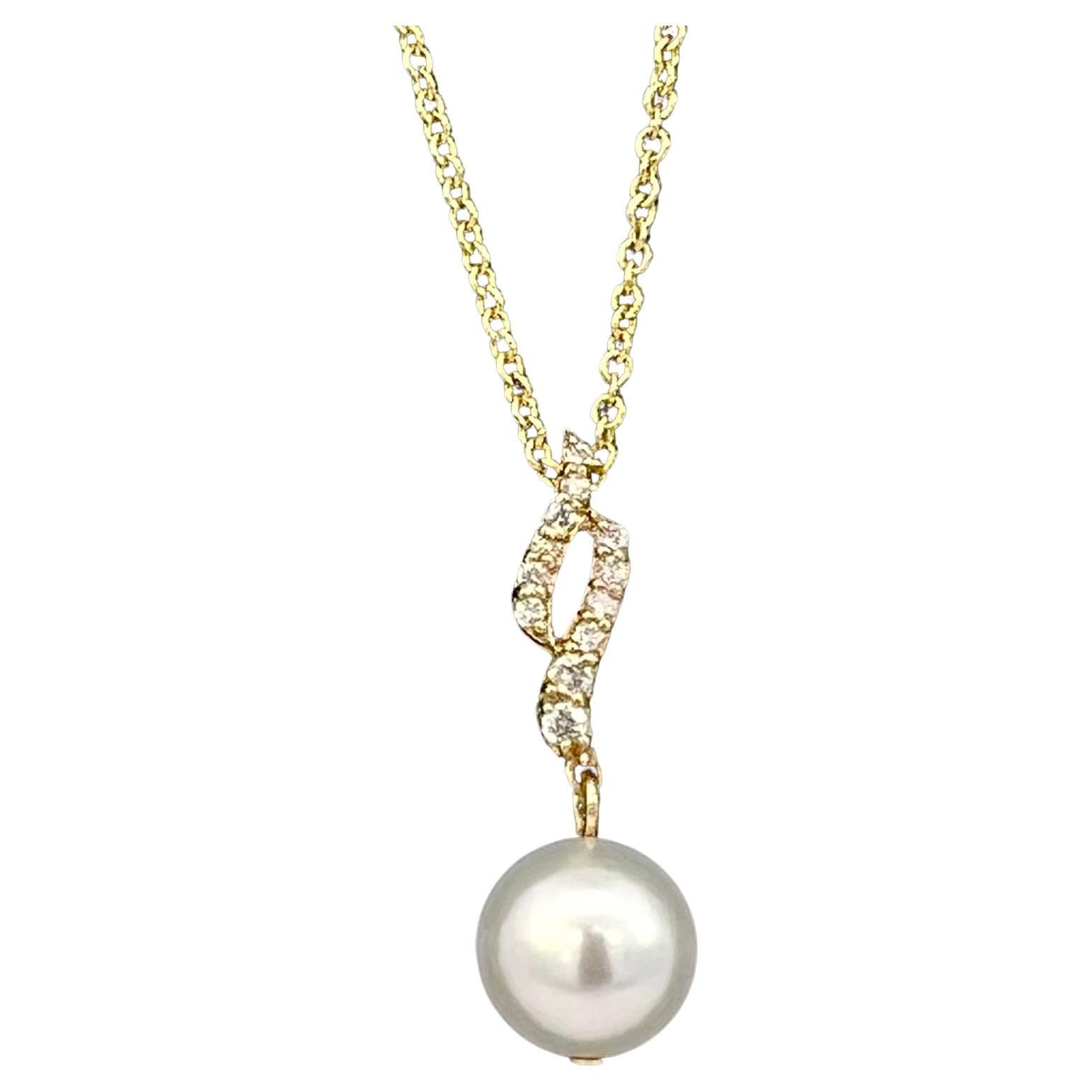 Natural Solitaire Akoya Pearl Diamond Pendant Set 18" 14k YG 8.02 mm Certified For Sale