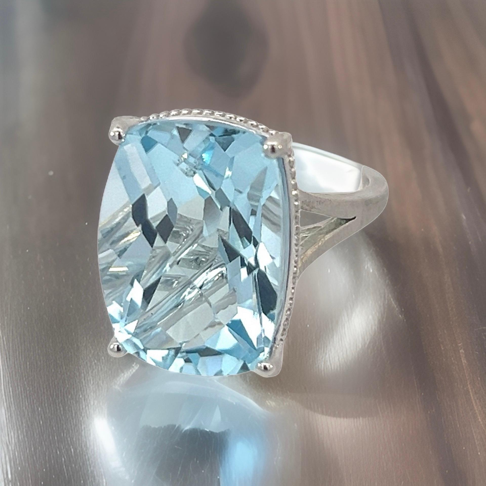 Natural Solitaire Blue Topaz Ring 6.5 14k W Gold 19.58 Cts Certified For Sale 12