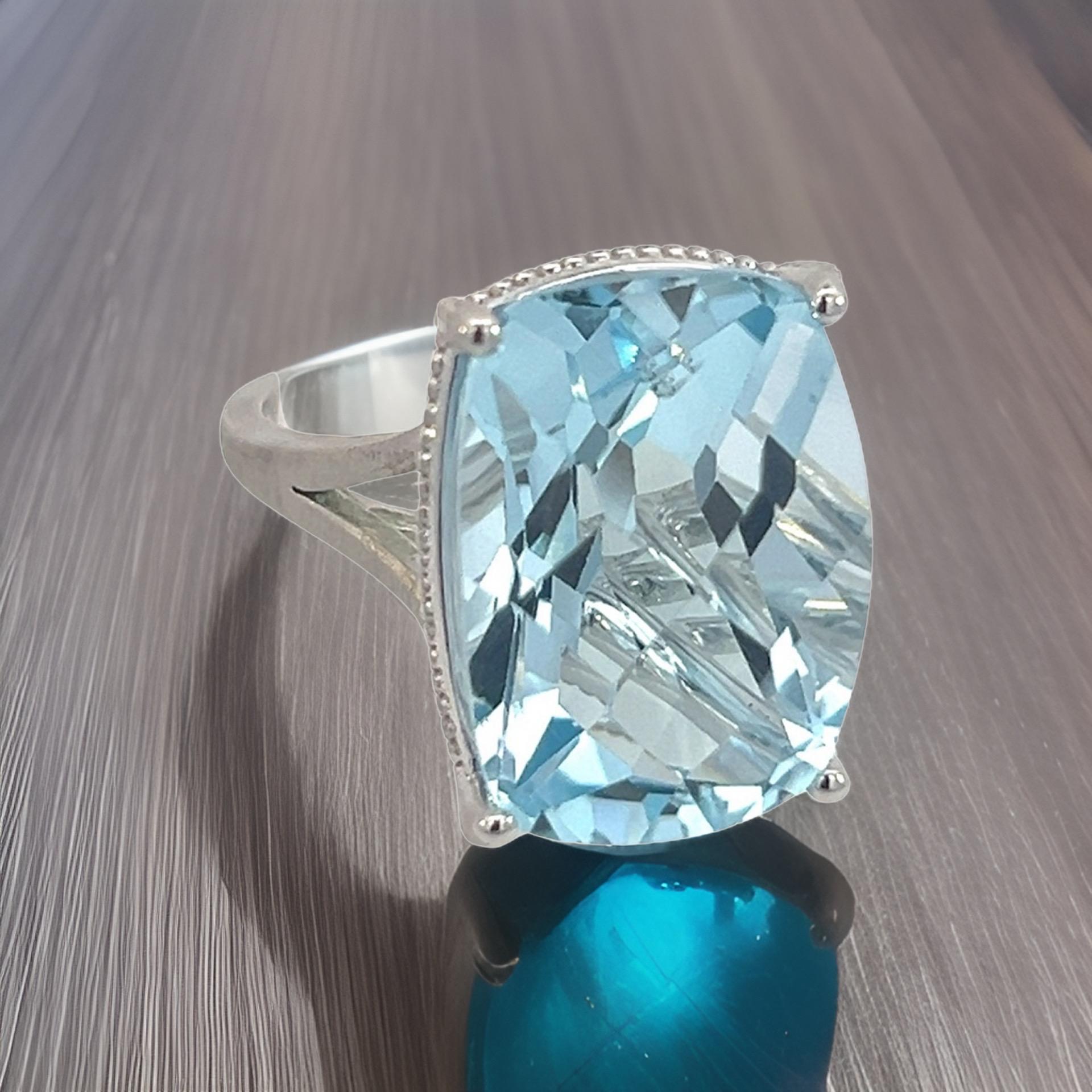 Natural Solitaire Blue Topaz Ring 6.5 14k W Gold 19.58 Cts Certified For Sale 15