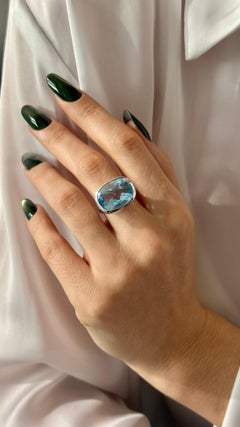 Anillo Solitario Natural Topacio Azul Talla 6.5 Oro de 14k W 17.35 Cts Certificado