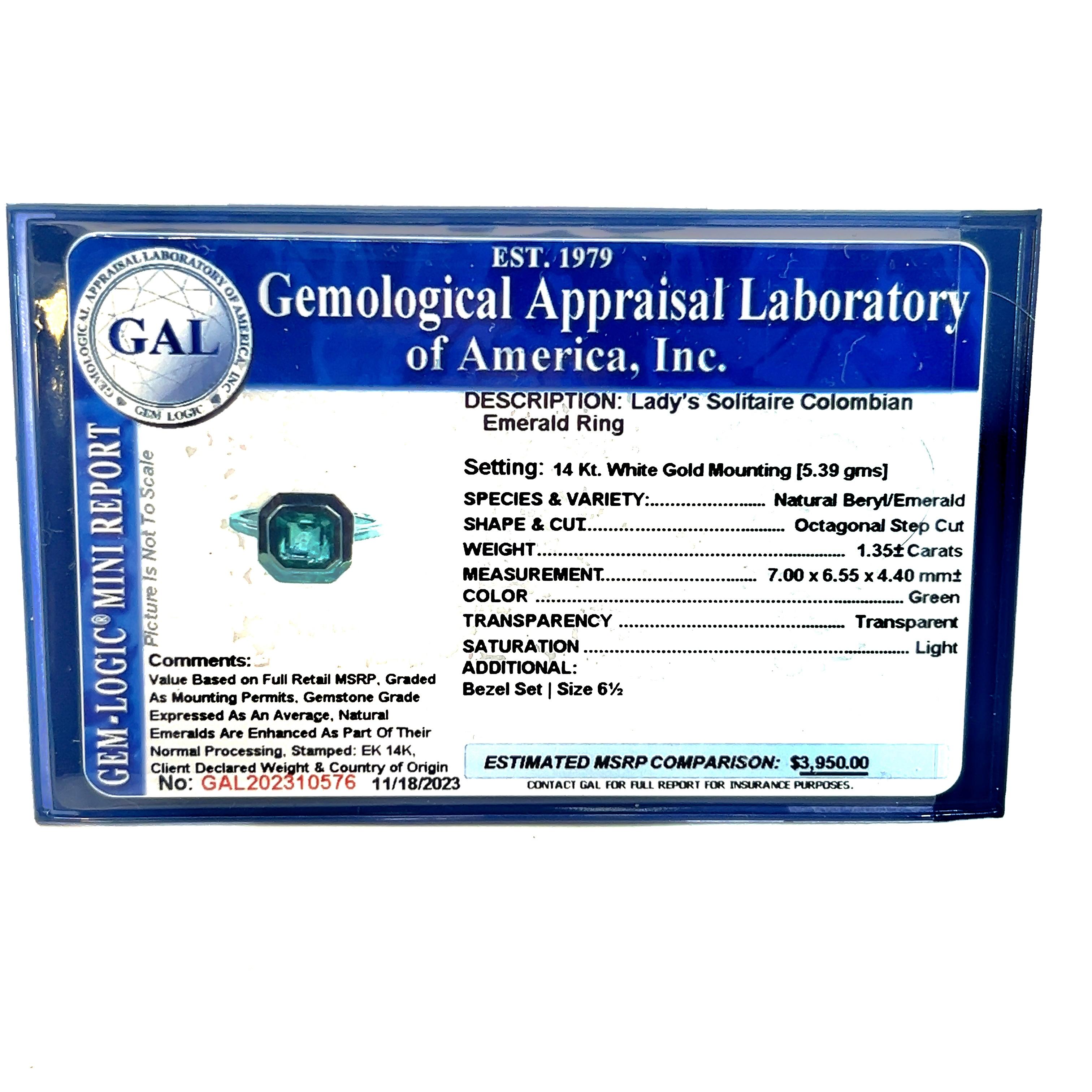 Natural Solitaire Colombian Emerald Ring 6.5 14k W Gold 1.35 Cts Certified For Sale 6