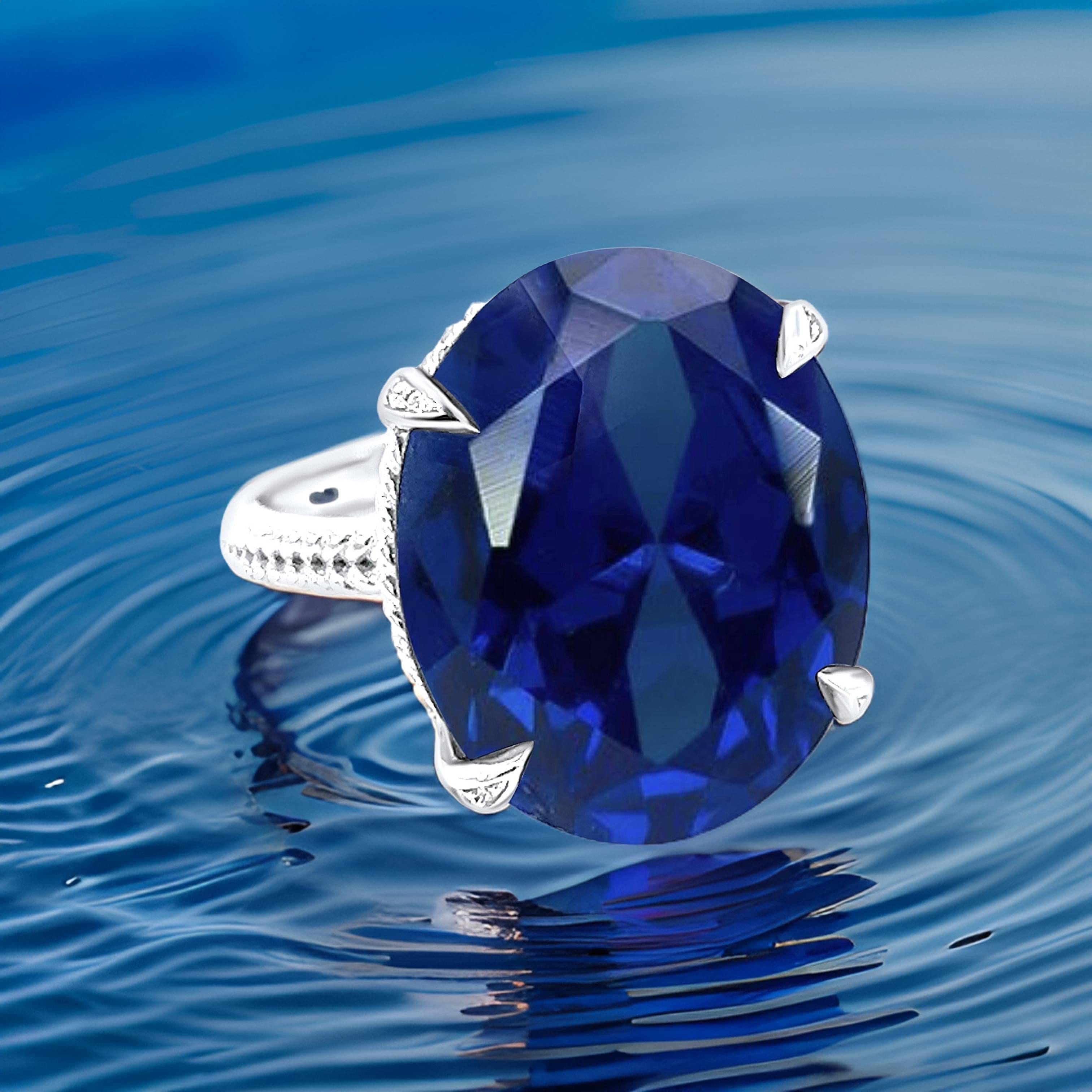 Natural Solitaire Composite Sapphire Ring 6.5 14k WG 16.63 TCW Certified In New Condition For Sale In Brooklyn, NY