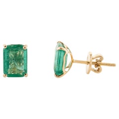 Natural Solitaire Emerald 18k Solid Yellow Gold Stud Earrings Gift for Her