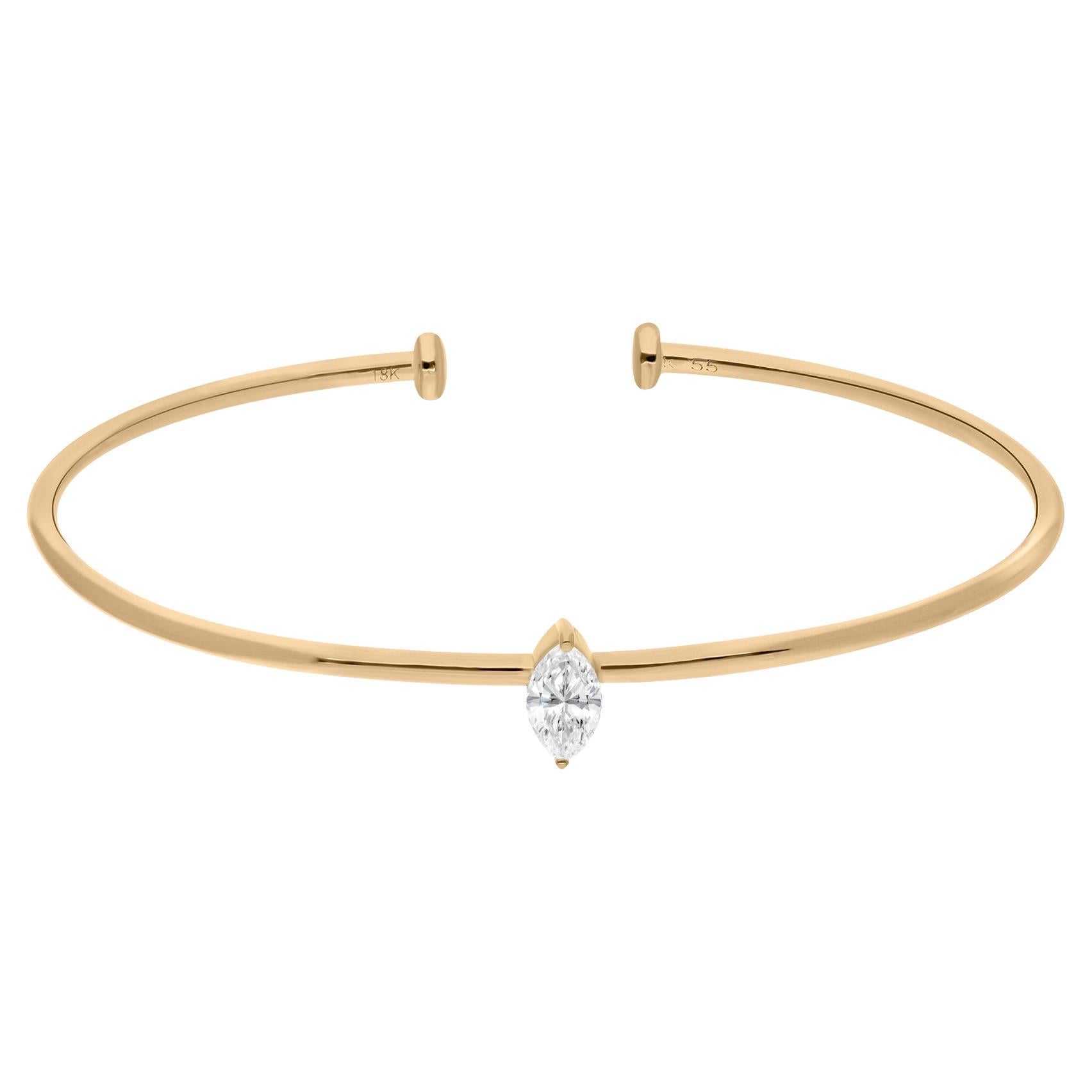 Natural Solitaire Marquise Diamond Cuff Bangle Bracelet 18 Karat Yellow Gold