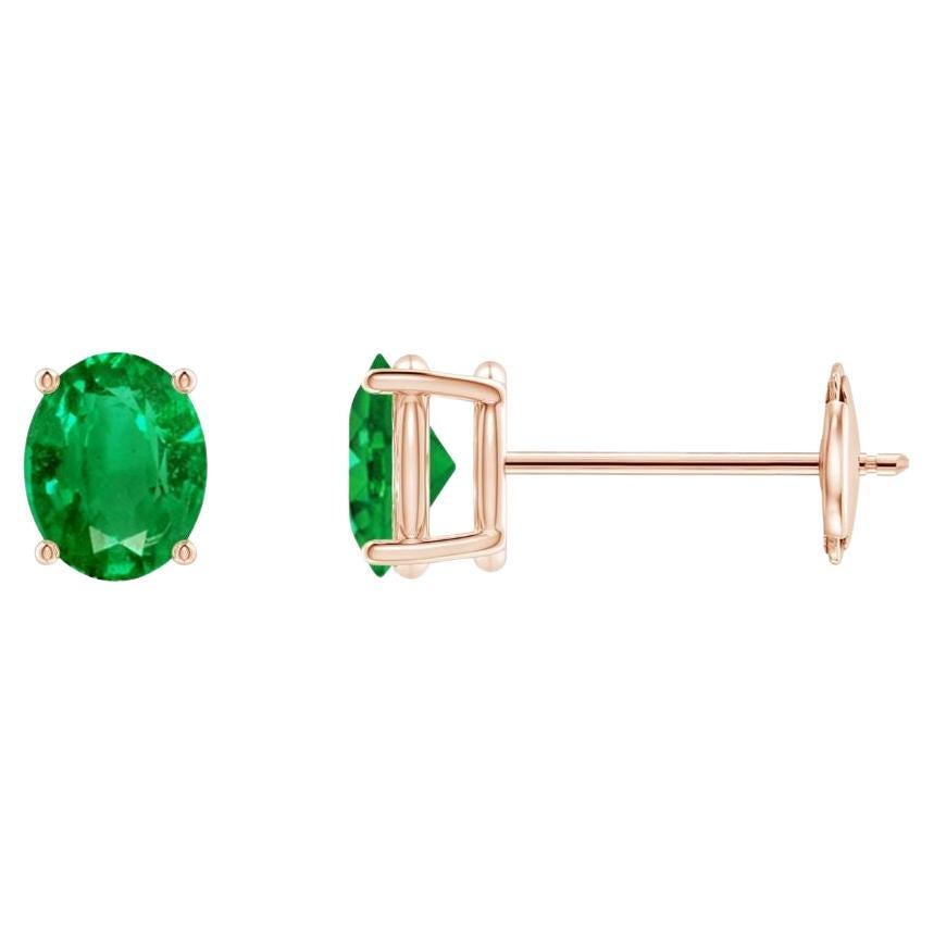 Natural Solitaire Oval 0.60ct Emerald Stud Earrings in 14K Rose Gold  For Sale