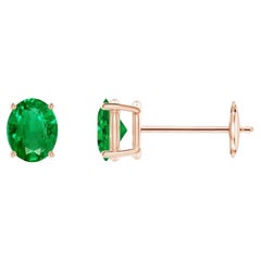 Natural Solitaire Oval 0.60ct Emerald Stud Earrings in 14K Rose Gold 