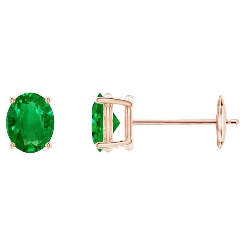 Natural Solitaire Oval 0.60ct Emerald Stud Earrings in 14K Rose Gold For Sale