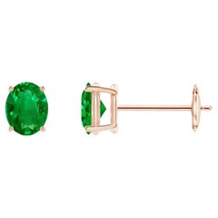 Natural Solitaire Oval 0.60ct Emerald Stud Earrings in 14K Rose Gold