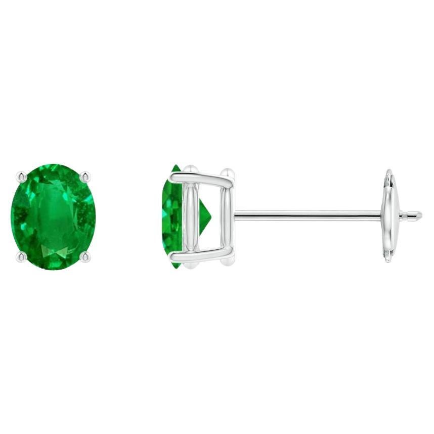Natural Solitaire Oval 0.60ct Emerald Stud Earrings in 14K White Gold  For Sale