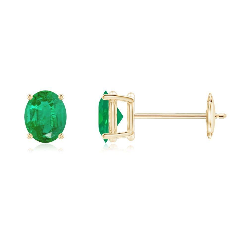 Natural Solitaire Oval 0.60ct Emerald Stud Earrings in 14K Yellow Gold For Sale
