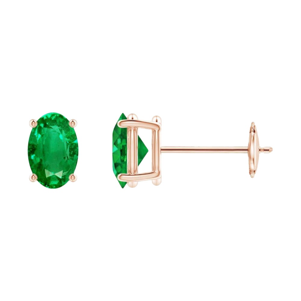 Boucles d'oreilles en or rose 14 carats, solitaire naturel, émeraude ovale 0.80ct