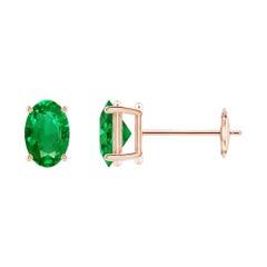 Boucles d'oreilles en or rose 14 carats, solitaire naturel, émeraude ovale 0.80ct