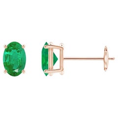 Natural Solitaire Oval 0.80ct Emerald Stud Earrings in 14K Rose Gold