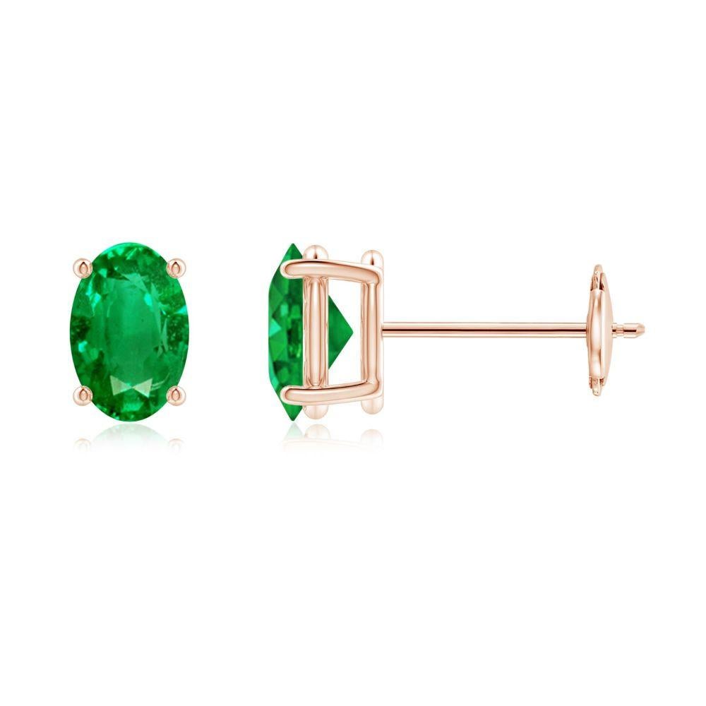 Natural Solitaire Oval 0.80ct Emerald Stud Earrings in 14K Rose Gold For Sale