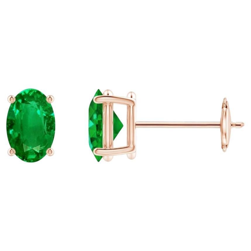 Natural Solitaire Oval 0.80ct Emerald Stud Earrings in 14K Rose Gold