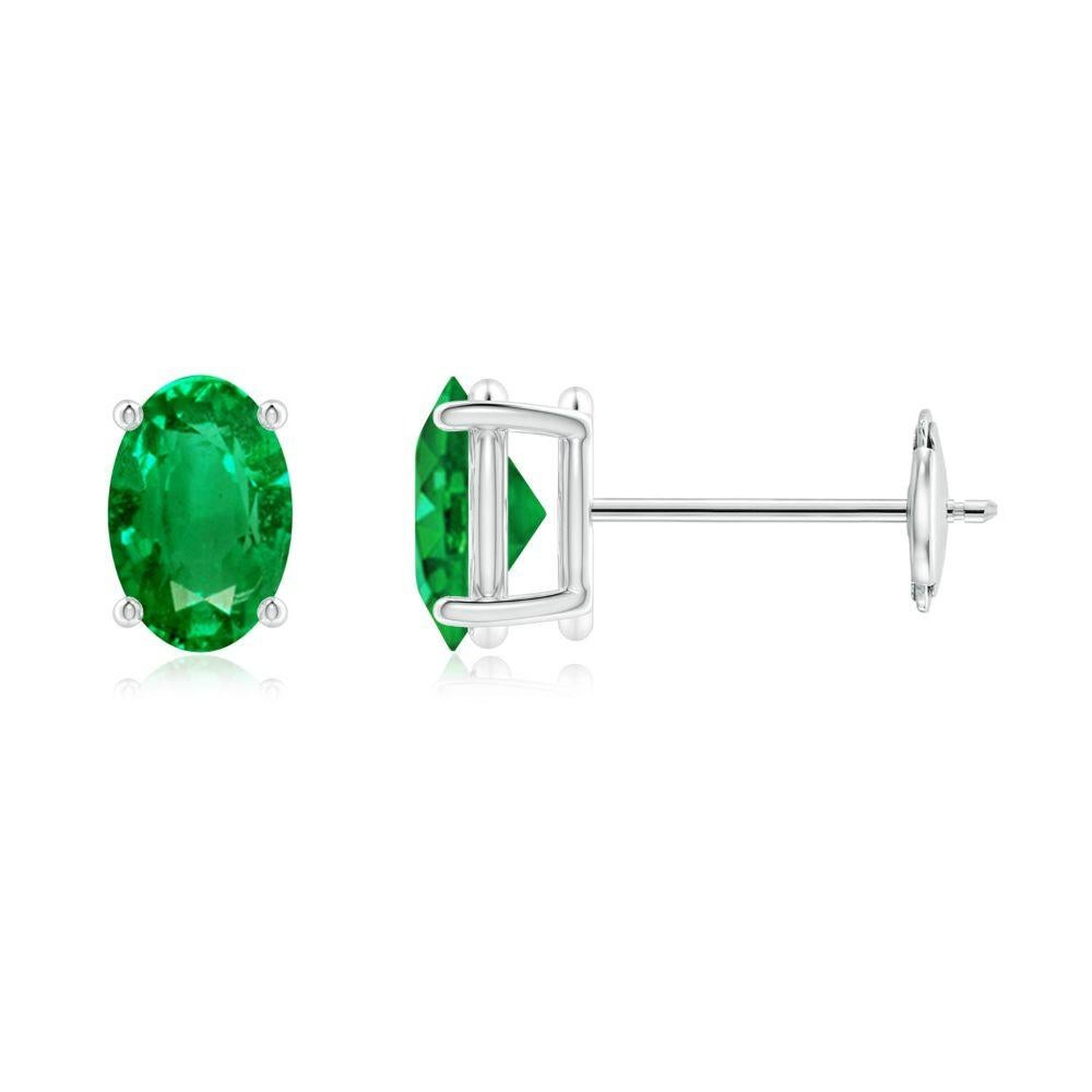 Natural Solitaire Oval 0.80ct Emerald Stud Earrings in 14K White Gold  For Sale