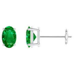 Natural Solitaire Oval 0.80ct Emerald Stud Earrings in 14K White Gold