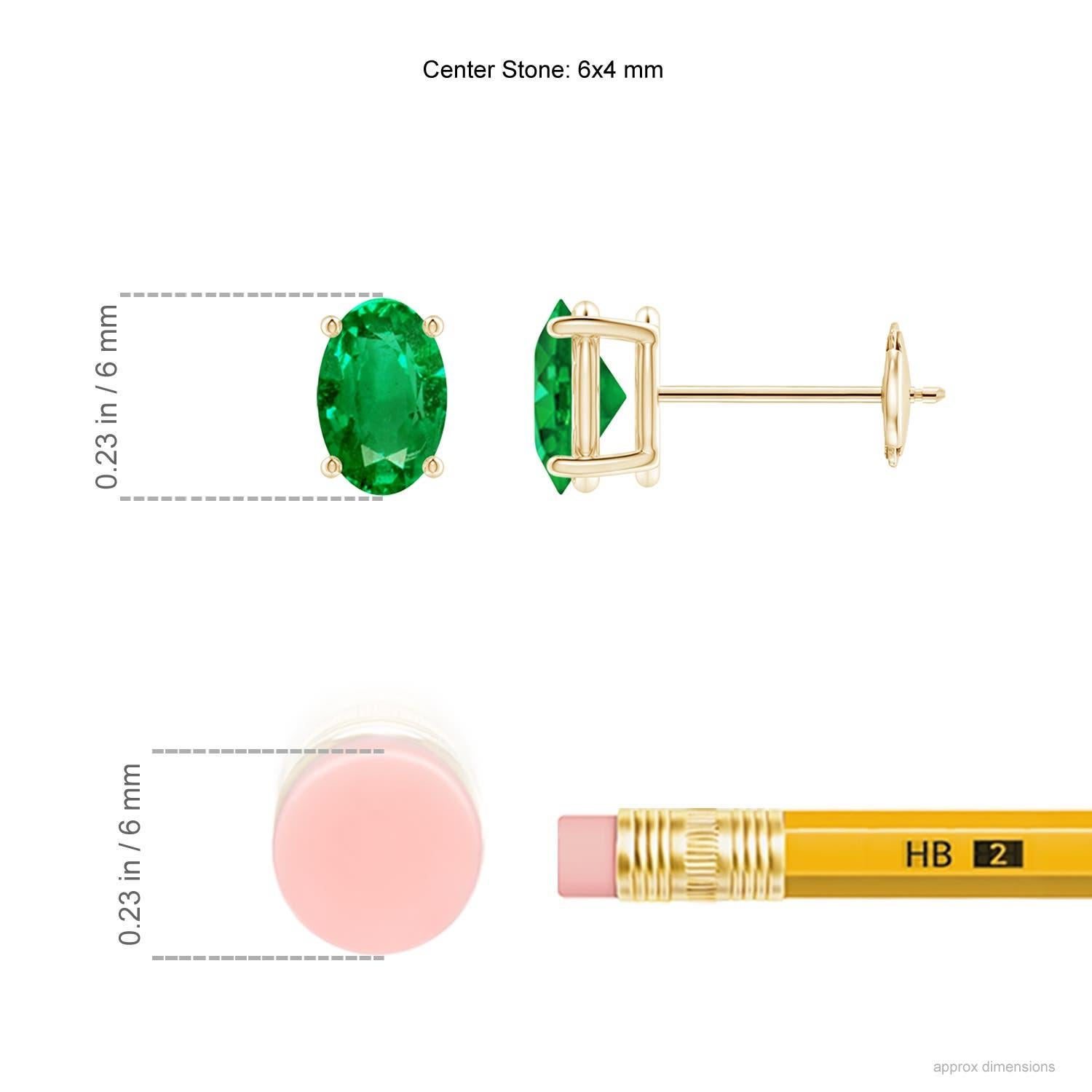 This pair of solitaire emerald stud earrings crafted in 14k yellow gold is simple yet stunning. The oval emerald sits in a prong setting and captivates with its rich green hue.
Emerald is the Birthstone for May and traditional gift for 20th, 35th &