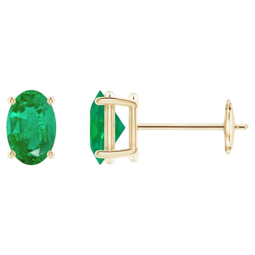 Natural Solitaire Oval 0.80ct Emerald Stud Earrings in 14K Yellow Gold For Sale