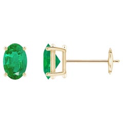 Natural Solitaire Oval 0.80ct Emerald Stud Earrings in 14K Yellow Gold