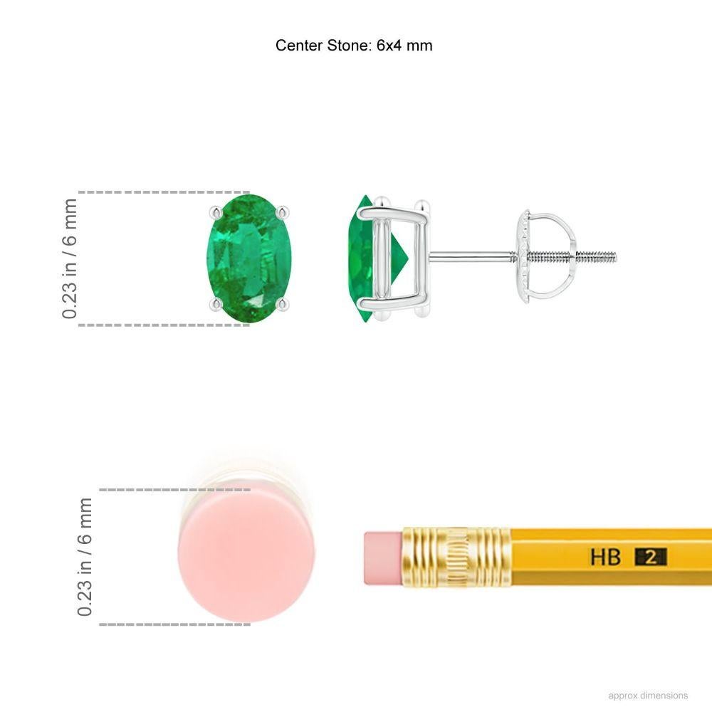 This pair of solitaire emerald stud earrings crafted in platinum is simple yet stunning. The oval emerald sits in a prong setting and captivates with its rich green hue.
Emerald is the Birthstone for May and traditional gift for 20th, 35th & 38th