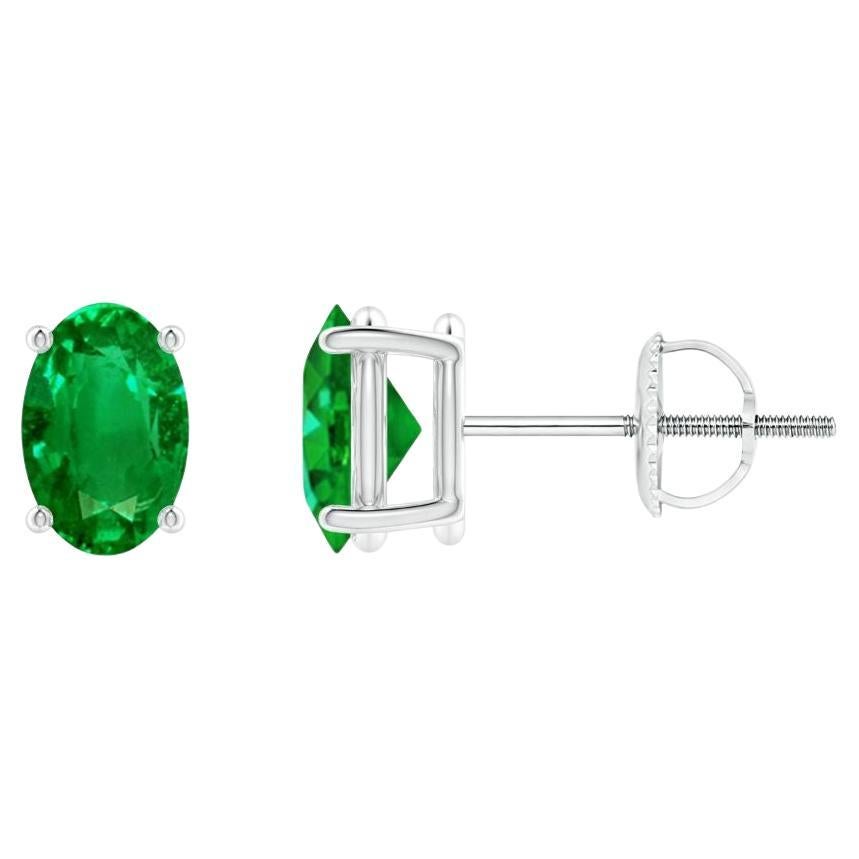 Natural Solitaire Oval 0.80ct Emerald Stud Earrings in Platinum  For Sale