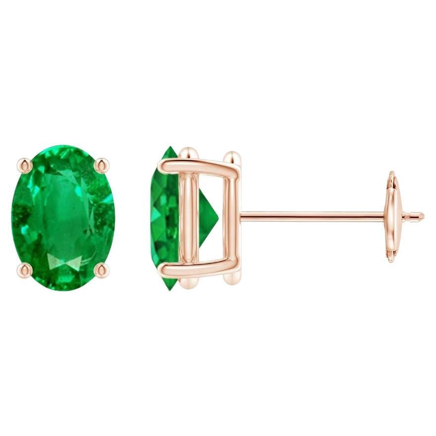 Natural Solitaire Oval 1.32ct Emerald Stud Earrings in 14K Rose Gold For Sale