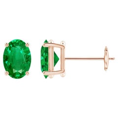 Natural Solitaire Oval 1.32ct Emerald Stud Earrings in 14K Rose Gold