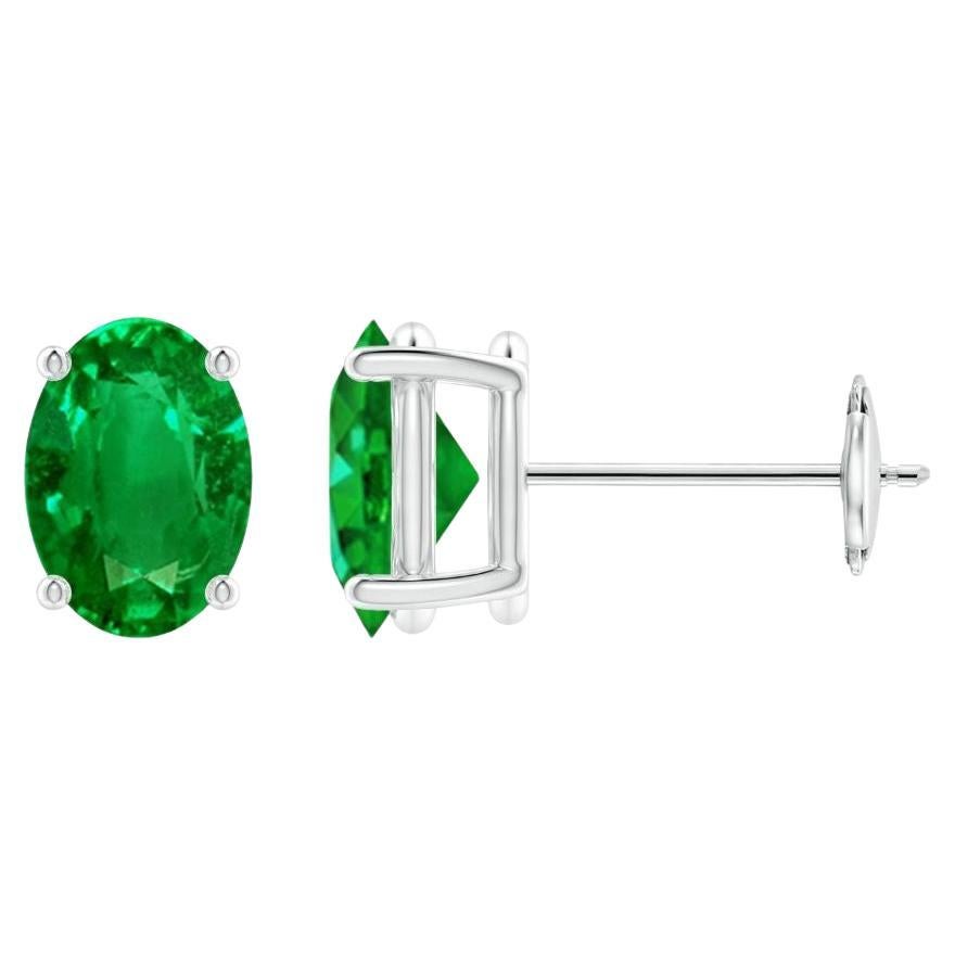 Natural Solitaire Oval 1.32ct Emerald Stud Earrings in 14K White Gold For Sale