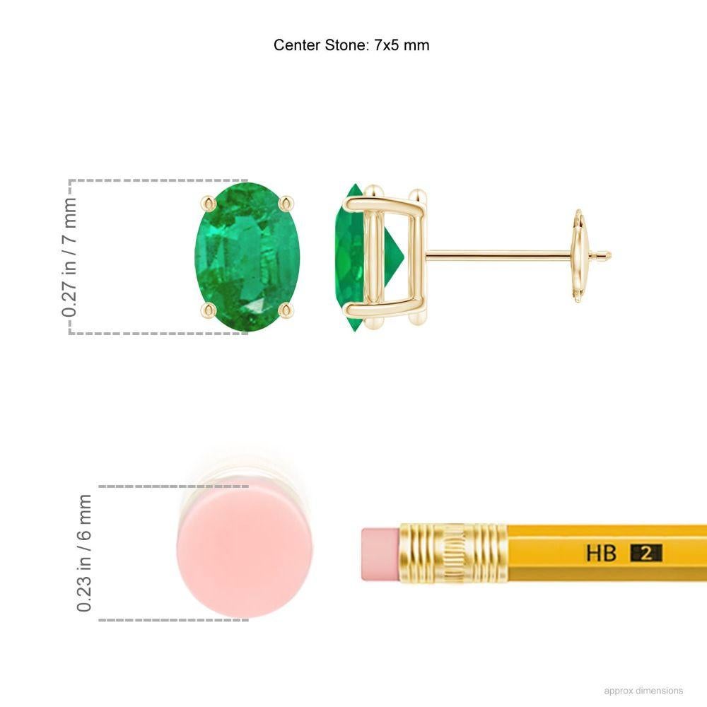 This pair of solitaire emerald stud earrings crafted in 14k yellow gold is simple yet stunning. The oval emerald sits in a prong setting and captivates with its rich green hue.
Emerald is the Birthstone for May and traditional gift for 20th, 35th &