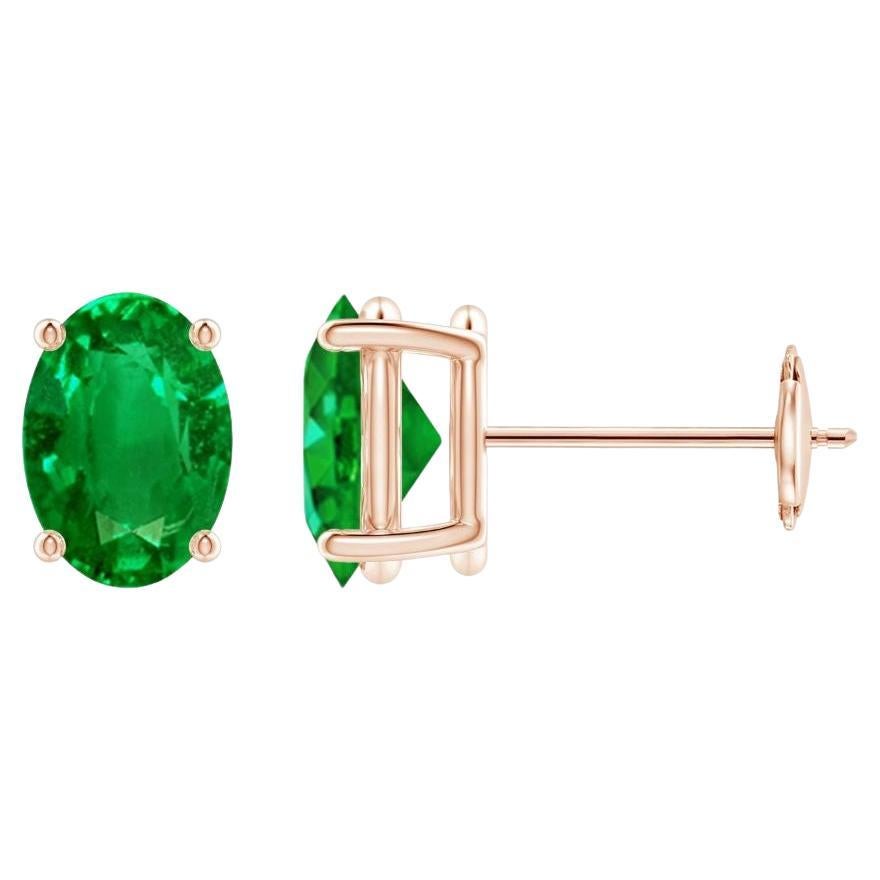 Natural Solitaire Oval Emerald Stud Earrings in 14K Rose Gold (7x5mm) For Sale