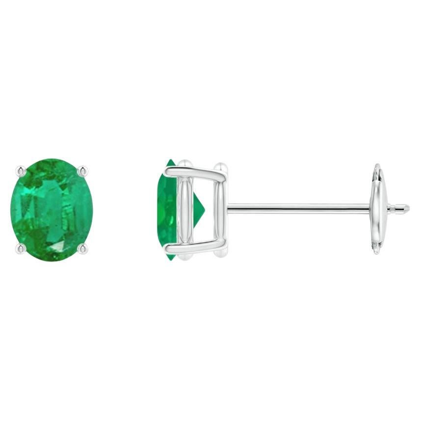 Natural Solitaire Oval Emerald Stud Earrings in 14K White Gold (5x4mm) For Sale