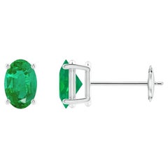 Natural Solitaire Oval Emerald Stud Earrings in 14K White Gold (6x4mm)