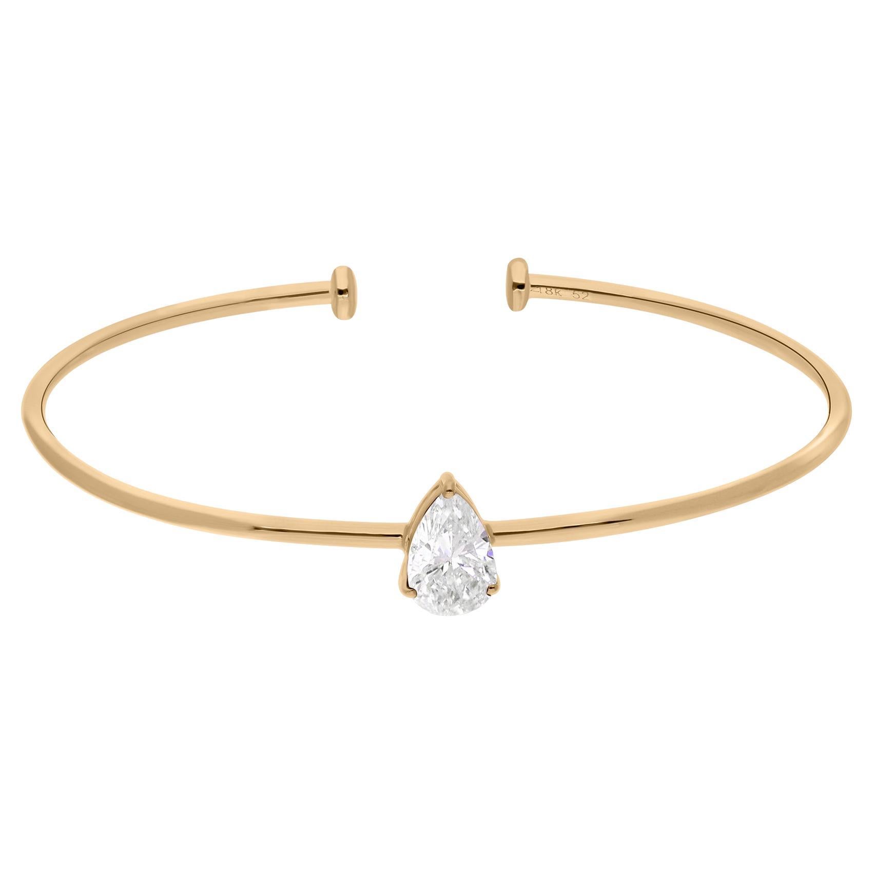 Bracelet manchette jonc fin en or jaune 14 carats avec diamants solitaires naturels en poire