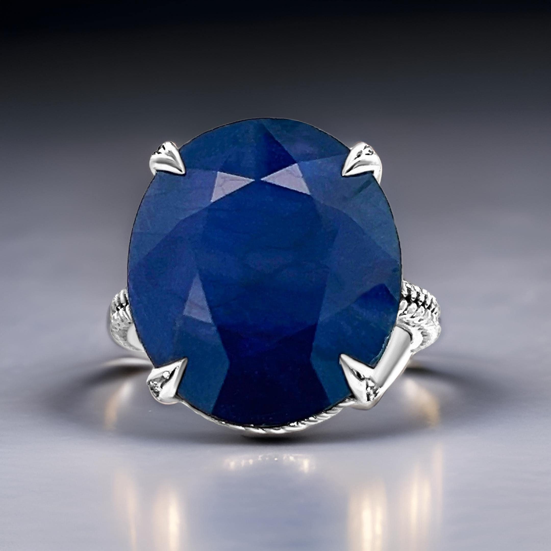 Natural Solitaire Sapphire Ring 6.5 14k W Gold 16.5 TCW Certified In New Condition For Sale In Brooklyn, NY
